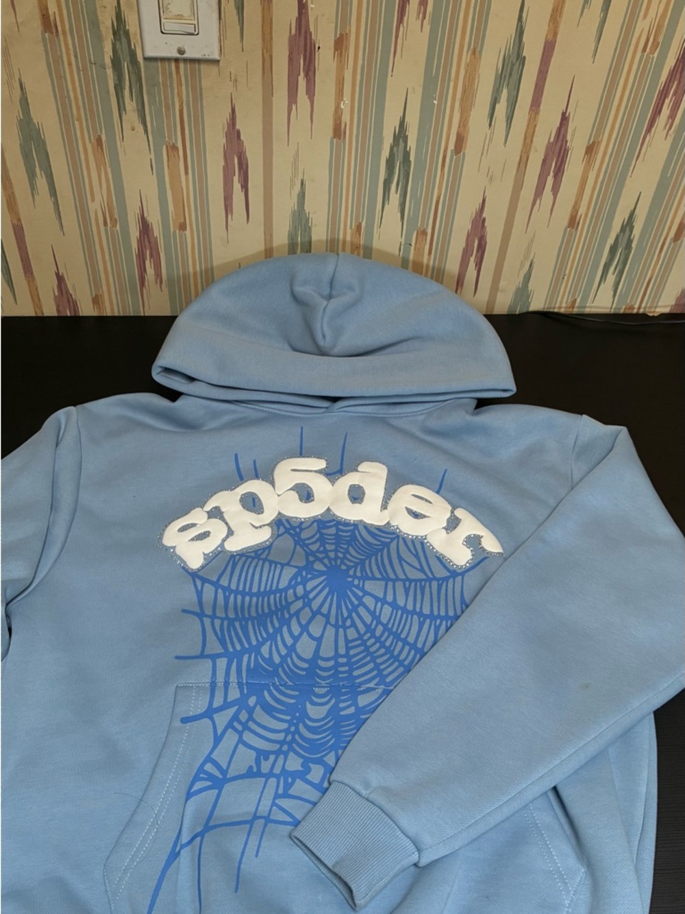 Light Blue Sp5der hoodie with rhinestones